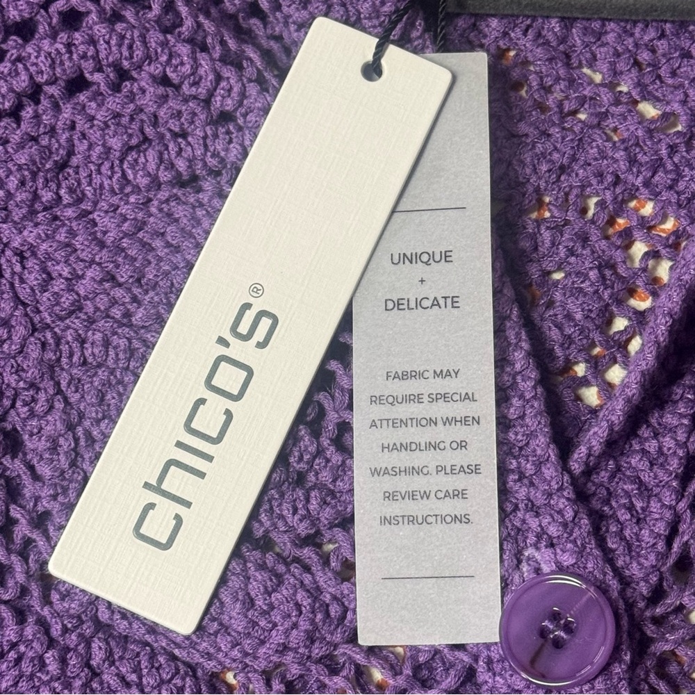 Chicos New Womens M Purple Cotton Blend Palm Frond Crochet Lace Shacket Cardigan - Picture 9 of 10